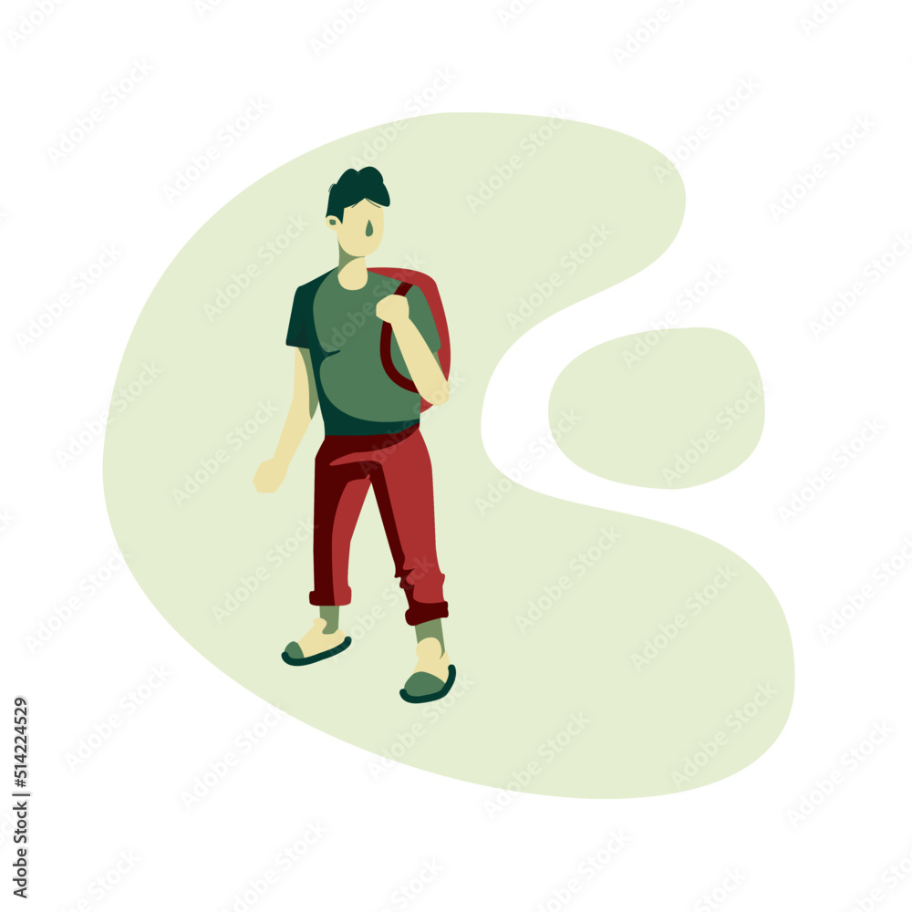 Flat illustration of a hiker. A man standing with a backpack. A standing still backpacker. 
