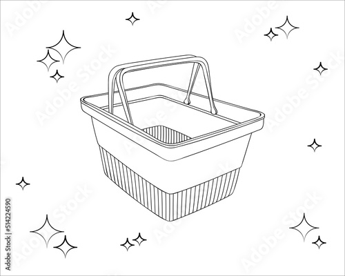 Empty plastic shopping basket. Supermarket food basket. Visiting grocery store to purchase goods, food and drinks. Days of promotions and sales. Sketch, linear contour drawing in minimalist style