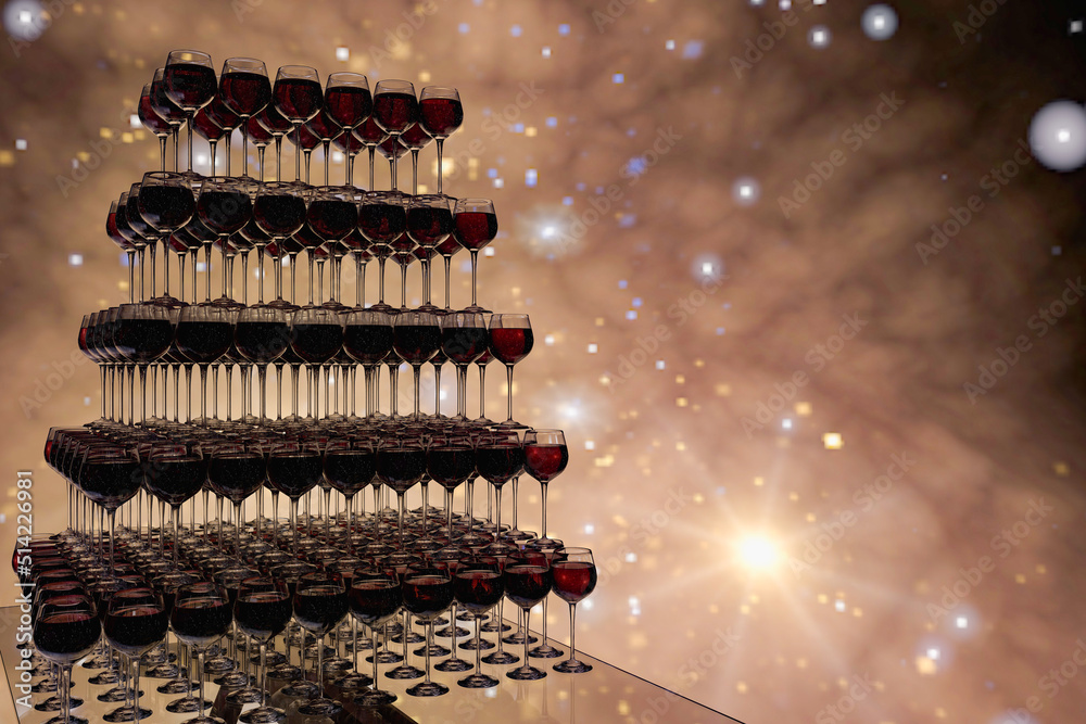 pyramid of wine glasses, arranged on a table with a shiny background, 3d render pyramid of wine glasses, arranged on a table with a shiny background, 3d render