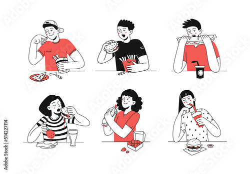 Set of happy people eating delicious fast food. Bad snack. Unhealthy Lifestyle. Vector fashion flat illustration