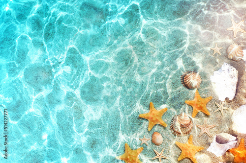 Fototapeta Naklejka Na Ścianę i Meble -  Starfish and seashells on the summer beach in sea water. Summer blue background. Summer time