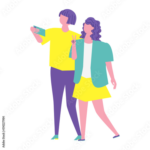 自撮りをする男女のイラスト