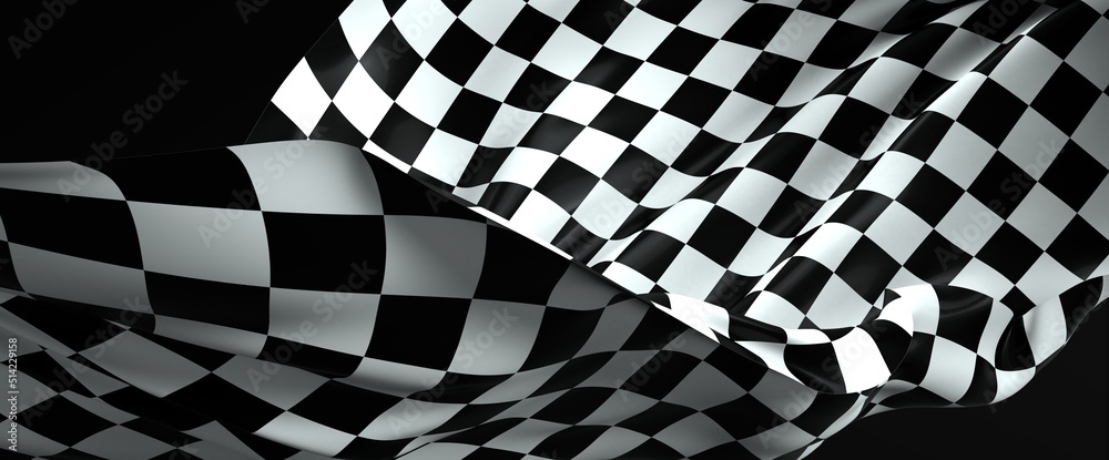 Obraz premium Checkered flag flying on blue background. Car race or motorsport rally flag. 3D wavy pattern background
