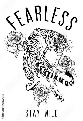 Tattoo tiger design print with rose 