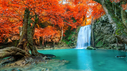 Amazing in nature, beautiful waterfall at colorful autumn forest in fall season