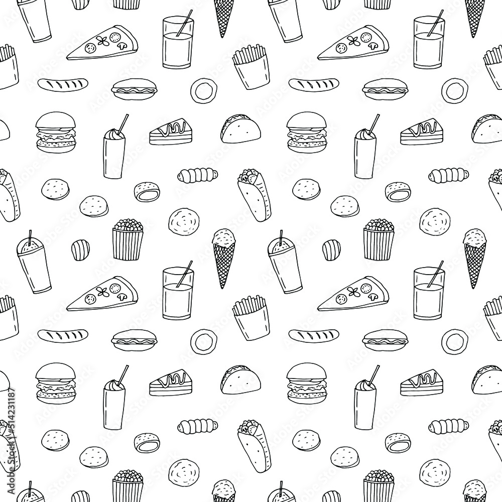 Fast food seamless pattern vector illustration, hand drawing doodles