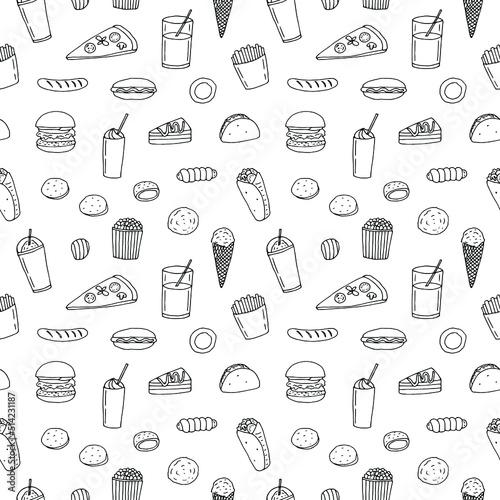 Fast food seamless pattern vector illustration, hand drawing doodles