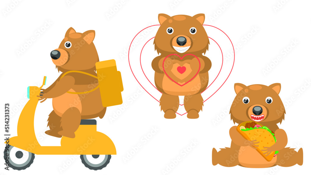 Set Abstract Collection Flat Cartoon Different Animal Wombats Food Delivery On A Moped, Eating Tacos, Joined Hands In The Shape Of A Heart Vector Design Fauna Wildlife Set Abstract Collection Flat Cartoon Different Animal Wombats Food Delivery On A Moped, Eating Tacos, Joined Hands In The Shape Of A Heart Vector Design Fauna Wildlife
