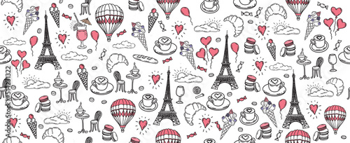 Set of hand drawn French icons, Paris sketch illustration. Vector.