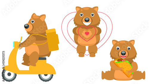 Set Abstract Collection Flat Cartoon Different Animal Wombats Food Delivery On A Moped, Eating Tacos, Joined Hands In The Shape Of A Heart Vector Design Fauna Wildlife
