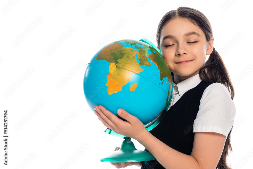 Portrait of smiling pupil with closed eyes holding globe isolated on white. Portrait of smiling pupil with closed eyes holding globe isolated on white.