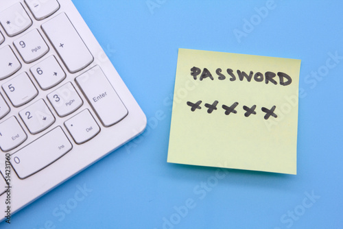 note paper of password key sticked with keyboard computer, security password management