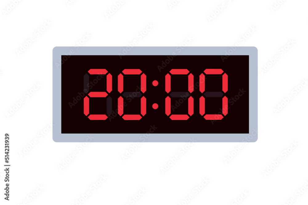Vector flat illustration of a digital clock displaying 20.00 . Illustration of alarm with digital number design. Clock icon for hour, watch, alarm signs Vector flat illustration of a digital clock displaying 20.00 . Illustration of alarm with digital number design. Clock icon for hour, watch, alarm signs