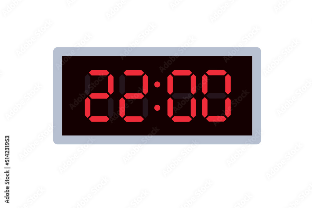 Vector flat illustration of a digital clock displaying 22.00 . Illustration of alarm with digital number design. Clock icon for hour, watch, alarm signs Vector flat illustration of a digital clock displaying 22.00 . Illustration of alarm with digital number design. Clock icon for hour, watch, alarm signs