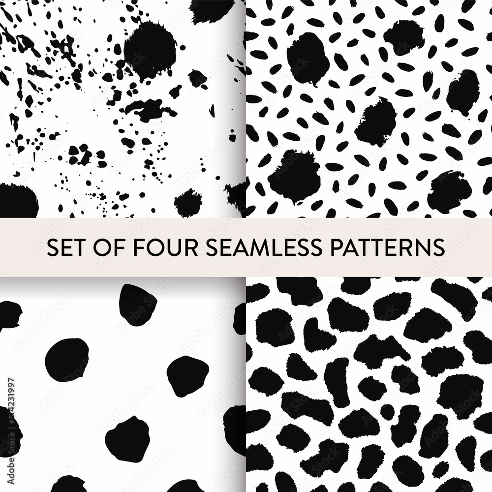 Fototapeta premium Black and white animal fur seamless pattern set