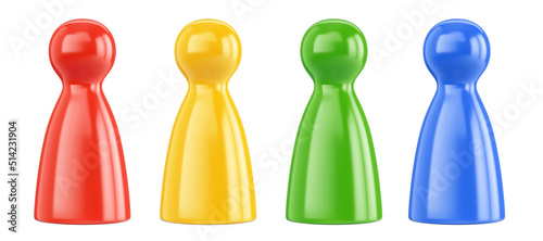 Red, green, blue and yellow board game pawns isolated on white background