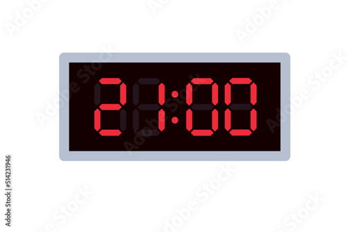 Vector flat illustration of a digital clock displaying 21.00 . Illustration of alarm with digital number design. Clock icon for hour, watch, alarm signs