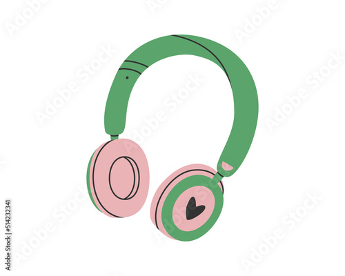 Hand drawn cute cartoon illustration of wireless headphones. Flat vector headset sticker in simple colored doodle style. Music device icon or print. Isolated on white background.