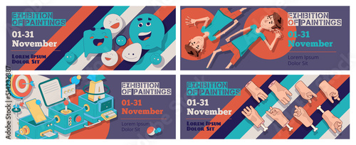Trendy retro posters for art design exhibition with emoji, characters, technology, guy and hands symbols in cartoon style. Public comics vector banners and flyers
