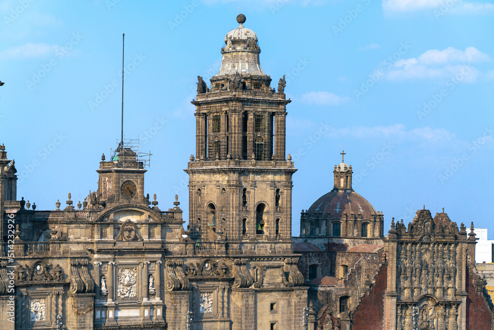 The top of the Mexico City Metropolitan Cathedral see from the Zocalo Square