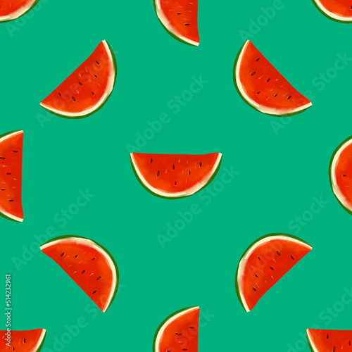 Fototapeta Naklejka Na Ścianę i Meble -  Seamless pattern with iIllustration a watermelon slices on a green background