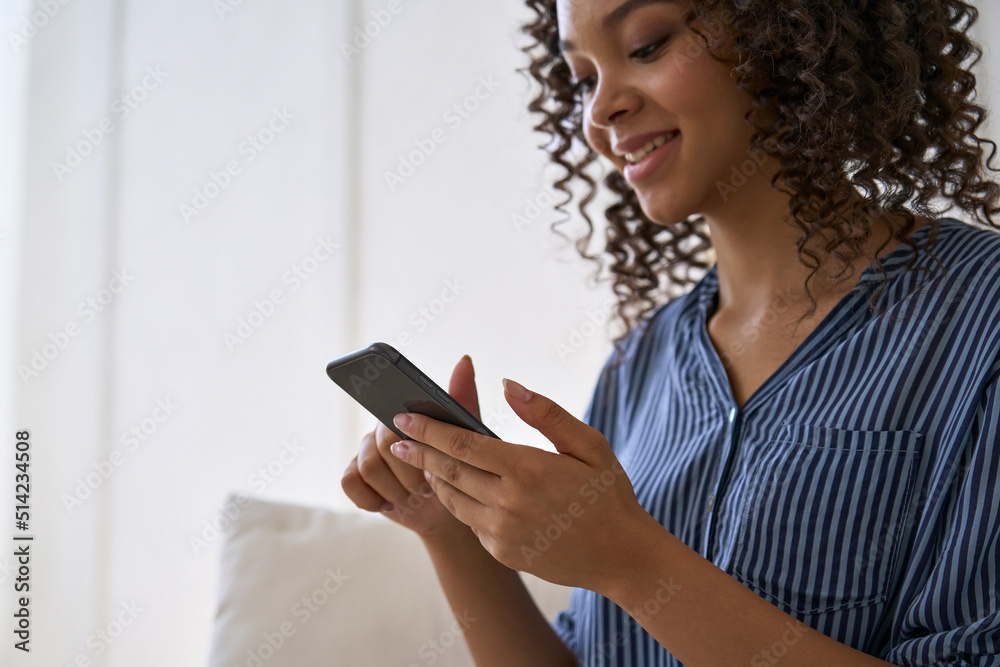 Happy female hold phone chat in social network read good news, shopping via  online store app at home Stock Photo by StudioVK