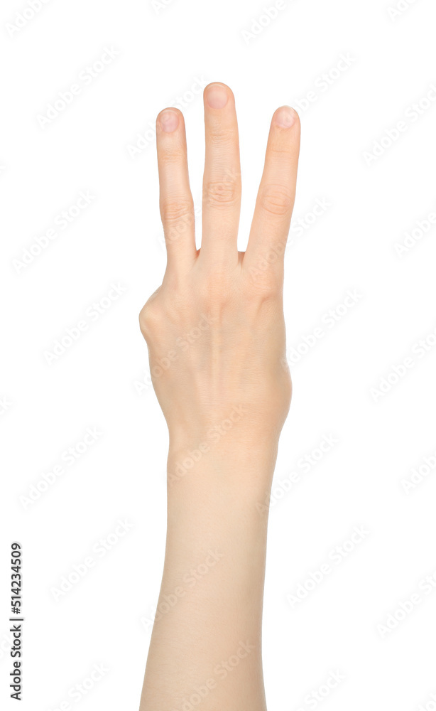 Woman hand shows finger-counting, on white background Woman hand shows finger-counting, on white background