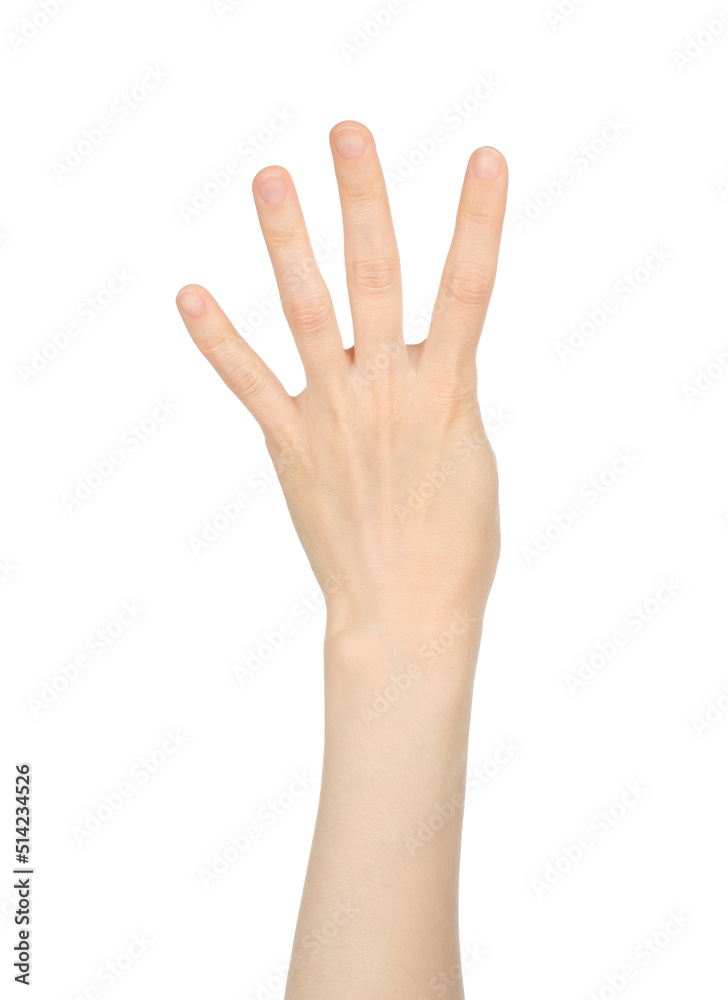 Woman hand shows finger-counting, on white background Woman hand shows finger-counting, on white background