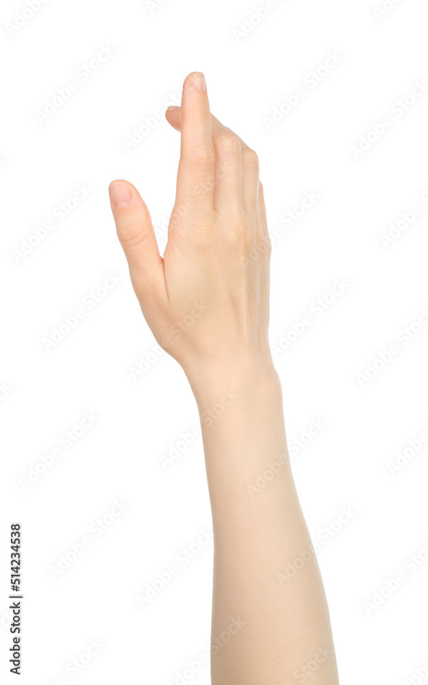 Woman hand shows virtual touching, on white background Woman hand shows virtual touching, on white background