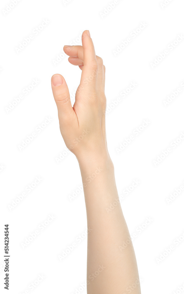 Woman hand shows virtual touching, on white background Woman hand shows virtual touching, on white background