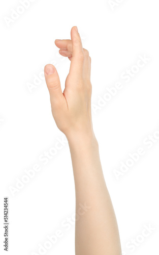 Woman hand shows virtual touching, on white background