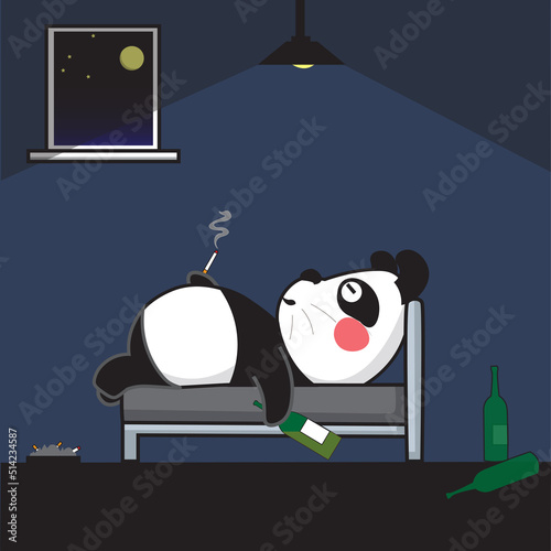 illustration vector graphic of panda is drunk and smoking
