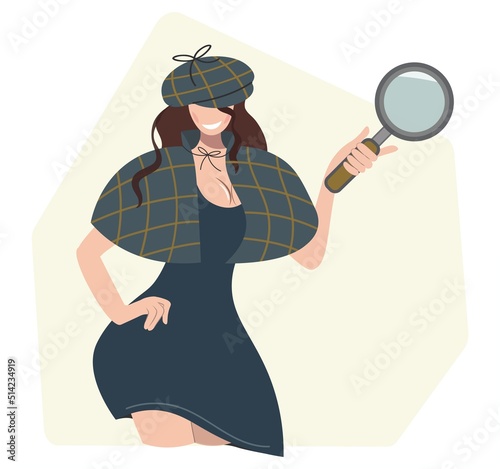 Attractive detective girl. A woman in a hat holds a magnifying glass to look.An employee of the Detective Agency. Character design - vector isolated illustration. Retro style.