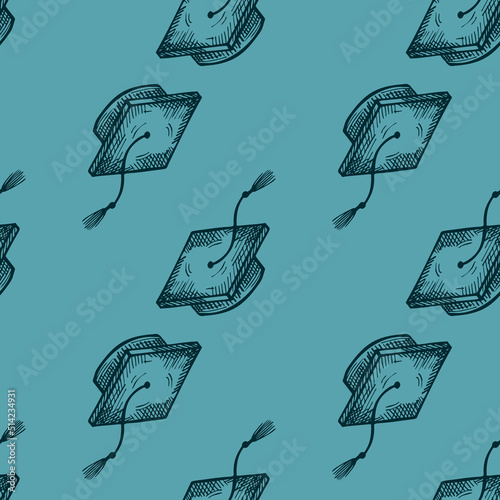 Graduate hats engraved seamless pattern. Vintage element education in hand drawn style.