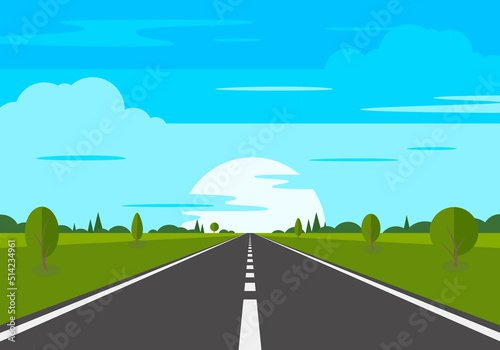 Road on background of natural landscape. Asphalt highway with markings in the countryside.