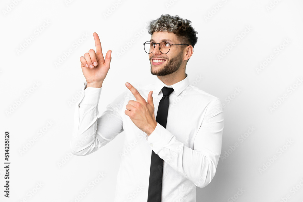 Business caucasian man isolated on white background pointing with the index finger a great idea Business caucasian man isolated on white background pointing with the index finger a great idea