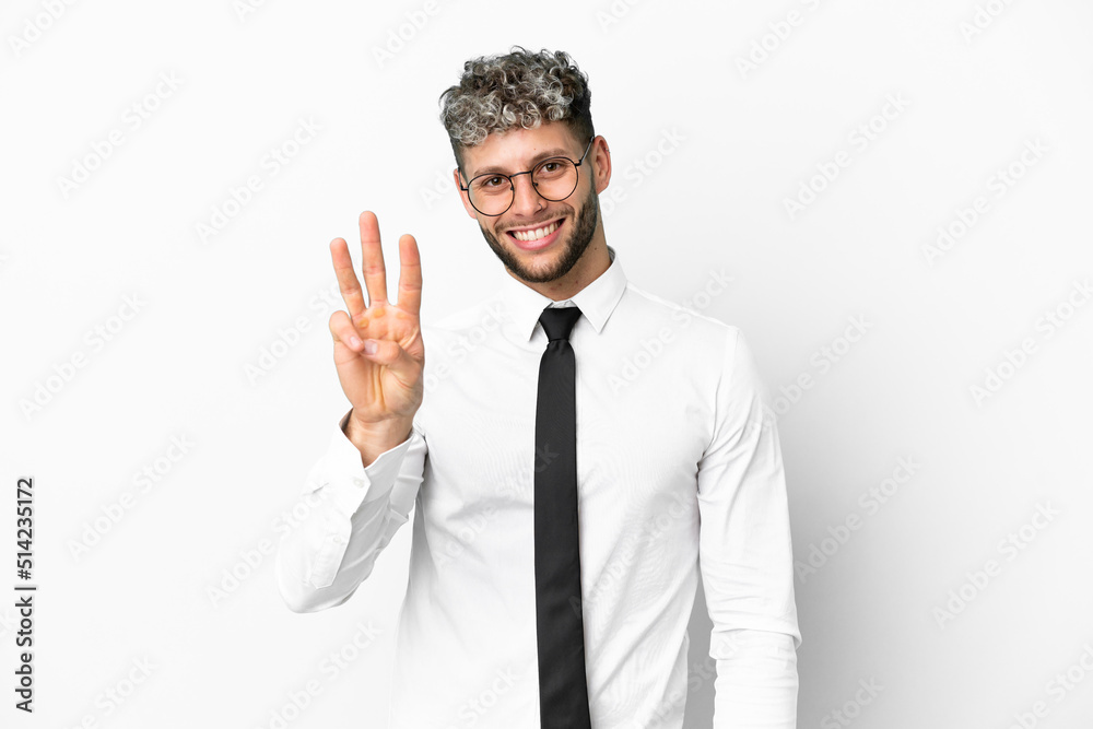 Business caucasian man isolated on white background happy and counting three with fingers Business caucasian man isolated on white background happy and counting three with fingers
