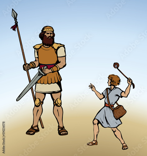 David and Goliath. Vector drawing