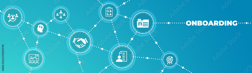 Onboarding vector illustration. Concept with connected icons related to welcoming new hire, welcome culture in the company, employee satisfaction, talent retention, workforce training. Onboarding vector illustration. Concept with connected icons related to welcoming new hire, welcome culture in the company, employee satisfaction, talent retention, workforce training.