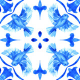 Azulejos - Portuguese tile blue watercolor pattern. Traditional ornament.