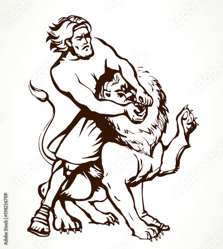 Samson fights a lion. Vector drawing