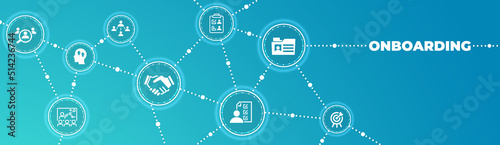 Onboarding vector illustration. Concept with connected icons related to welcoming new hire, welcome culture in the company, employee satisfaction, talent retention, workforce training.