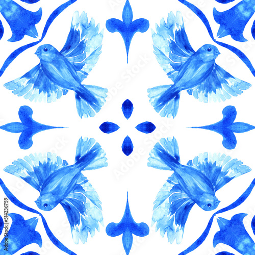 Azulejos - Portuguese tile blue watercolor pattern. Traditional ornament.