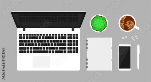 Workplace with laptop, notebook, phone, pen, cup of coffee and flowerpot on a gray table. Top view. Flat vector illustration