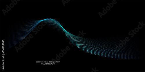 Flowing particles wave pattern, blue and green color isolated on black background. Vector in concept of AI technology, science, music.