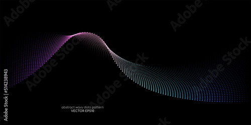 Flowing dots particles wave pattern colorful spectrum light isolated on black background. Vector in concept of AI technology, science, music.