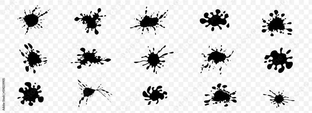 Set of grunge blots, splats. Drops and splashes of ink. Paint splash. Wet spots, splashes of liquid paint drops and ink splatters. Vector graphic EPS10 Set of grunge blots, splats. Drops and splashes of ink. Paint splash. Wet spots, splashes of liquid paint drops and ink splatters. Vector graphic EPS10