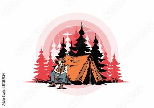 Man wearing a cowboy hat sitting in front of the tent illustration