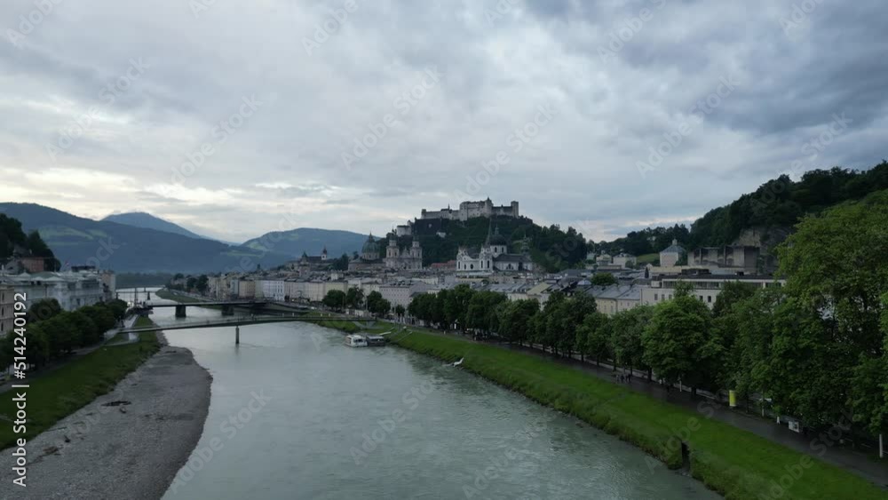 Low Shot Salzburg Fortress Over Old Town Low Shot Salzburg Fortress Over Old Town