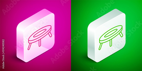 Isometric line Jumping trampoline icon isolated on pink and green background. Silver square button. Vector
